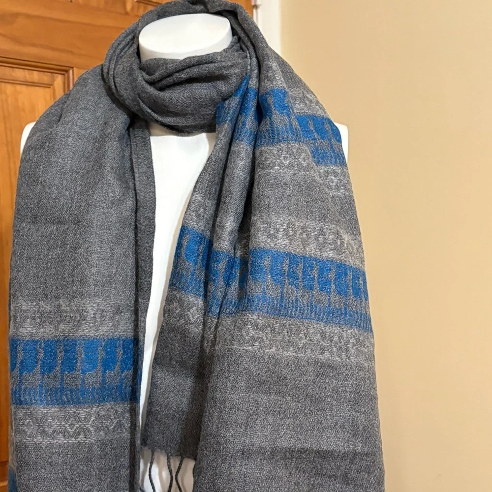 Alpaca Gray and Blue Striped Scarf with Fringe